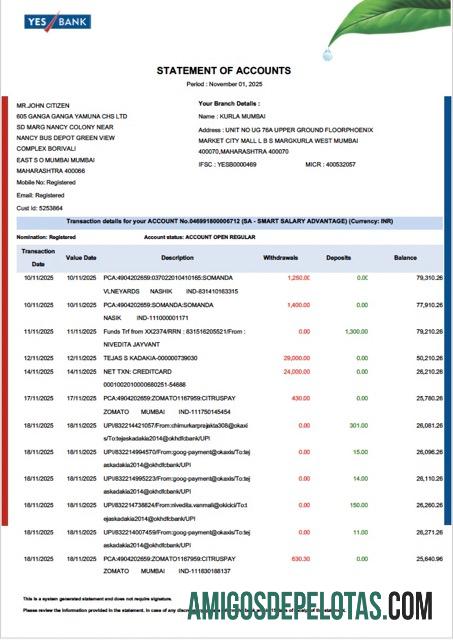 em branco Índia SIM Extrato bancário de conta modelo Word e PDF